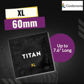 The image features a package of Titan XL Large Lubricated Condoms, highlighting "XL 60mm" and "Up to 7.6' Long." The Condomania logo adorns the top right corner, with an elegant design combining black and purple shades — perfect for those in search of larger size condoms.